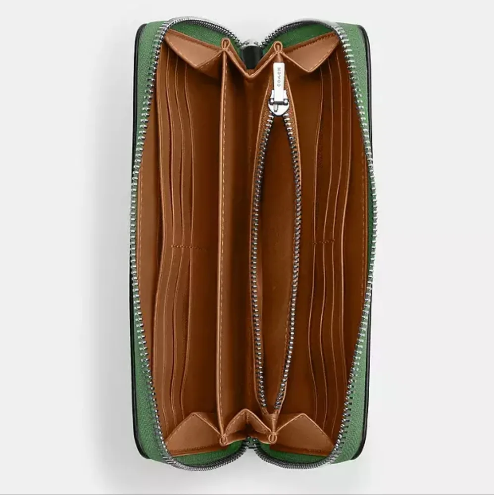 Coach Long Zip Around Wallet Silver/Soft Green Wristlet - Picture 2 of 6